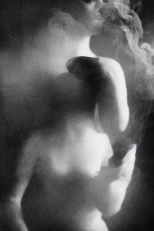 Image similar to mysterious scene of a woman enraged // detailed smoke, natural soft pale skin, innocence, sophisticated hands // noir, german expressionism, 20 century photography // old 35mm double-exposure photo, award-winning photography, grainy, cinematic, atmospheric, high contrasted // eerie, sophisticated and unsearchable masterpiece, deep shadows, balanced composition // depth of field, ambient occlusion, motion blur, HD, intricate details, sharp focus, natural textures, long exposure