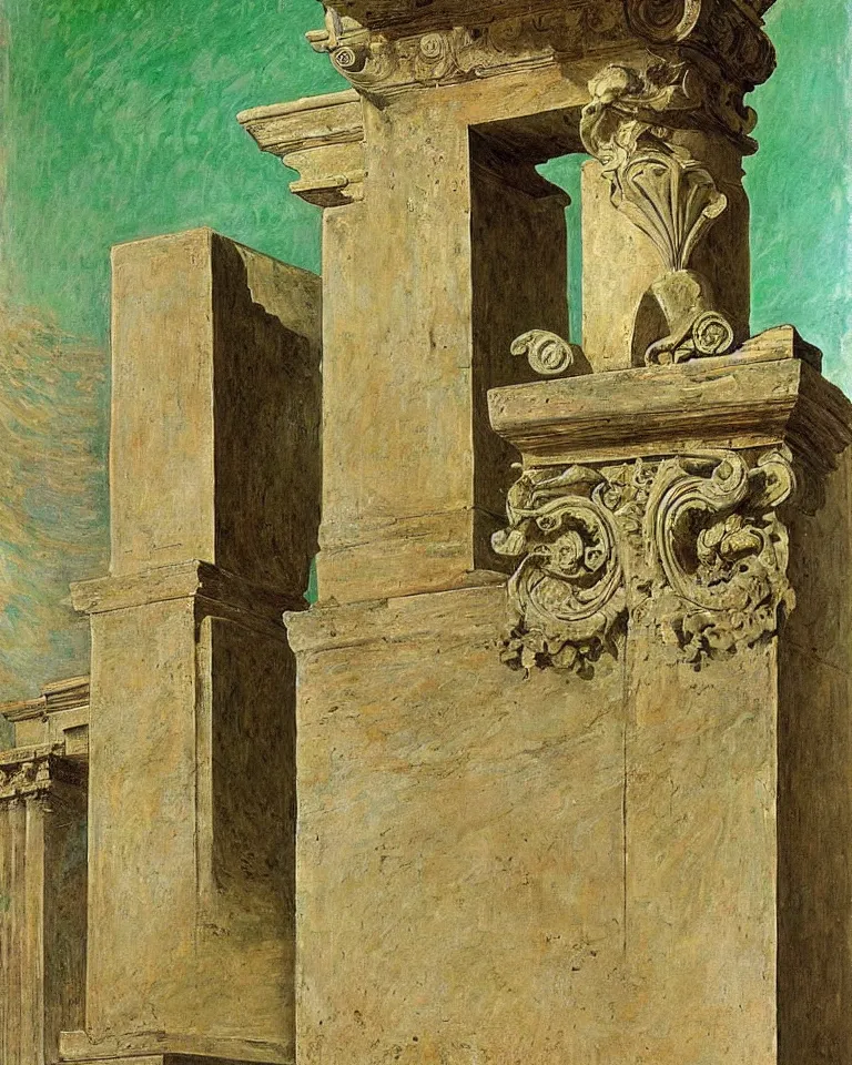 Image similar to roman achingly beautiful painting of intricate ancient roman corinthian capital on jade background by rene magritte, monet, and turner. giovanni battista piranesi.