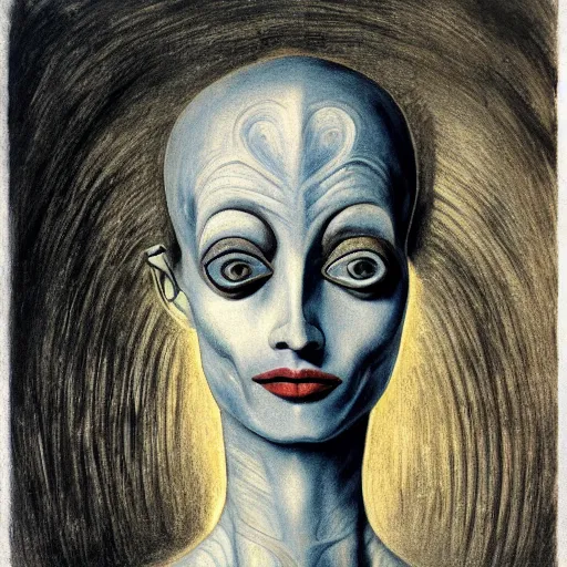 Image similar to Close-up of the cenobite woman, pencil drawing. El Greco, Remedios Varo, Salvador Dali, Carl Gustav Carus, John Atkinson Grimshaw. Blue tint. Symetrical, logo, geometric shapes.