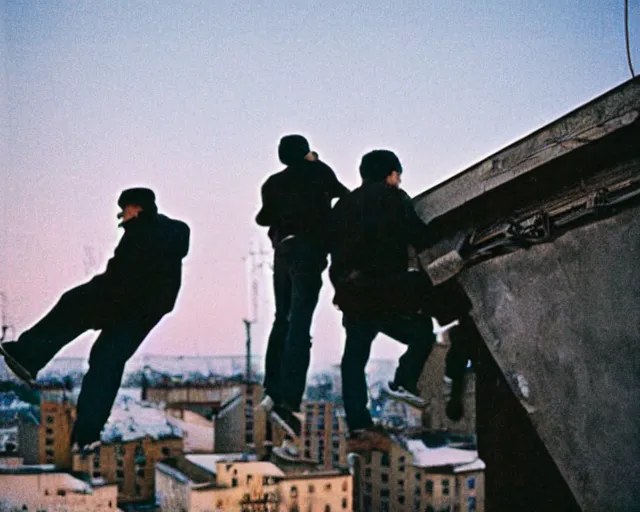 Image similar to lomo photo of roofjumpers climbing on roof of soviet hrushevka, small town, cinestill, bokeh, out of focus