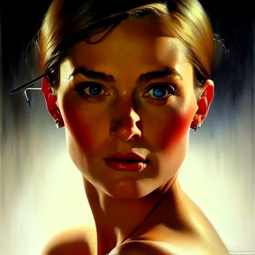 Image similar to close up face of a extremely beautiful bond female vam pire portrait, Masterpiece, oil on canvas, artgerm, norman rockwell, craig mulins, trending on pxiv,