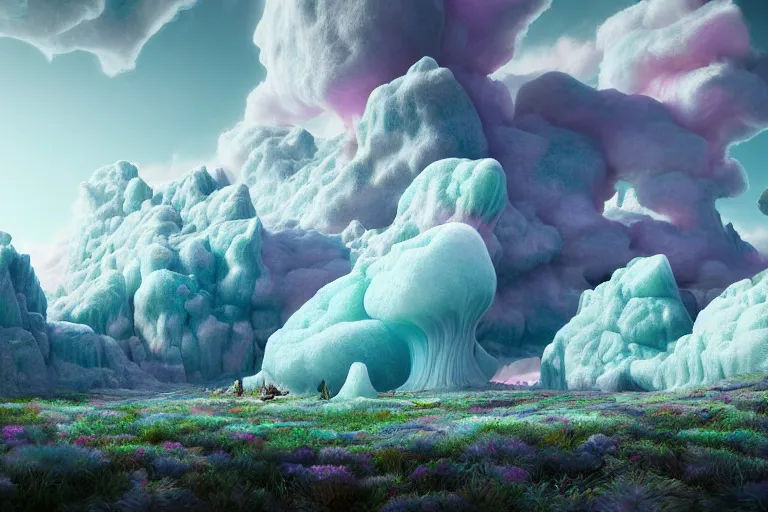 Image similar to a psychedelic realm in another dimension with rolling plains made out of clouds, mountains made out of icebergs, and plant life made out of cotton candy, in the style of wlop, illustration, epic, fantasy, hyper detailed, smooth, unreal engine, sharp focus, ray tracing