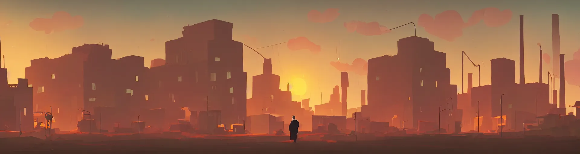 Image similar to a sad solitary old man looks on in the evening sunlight as in the distance a factory is demolished, in the style of anton fadeev