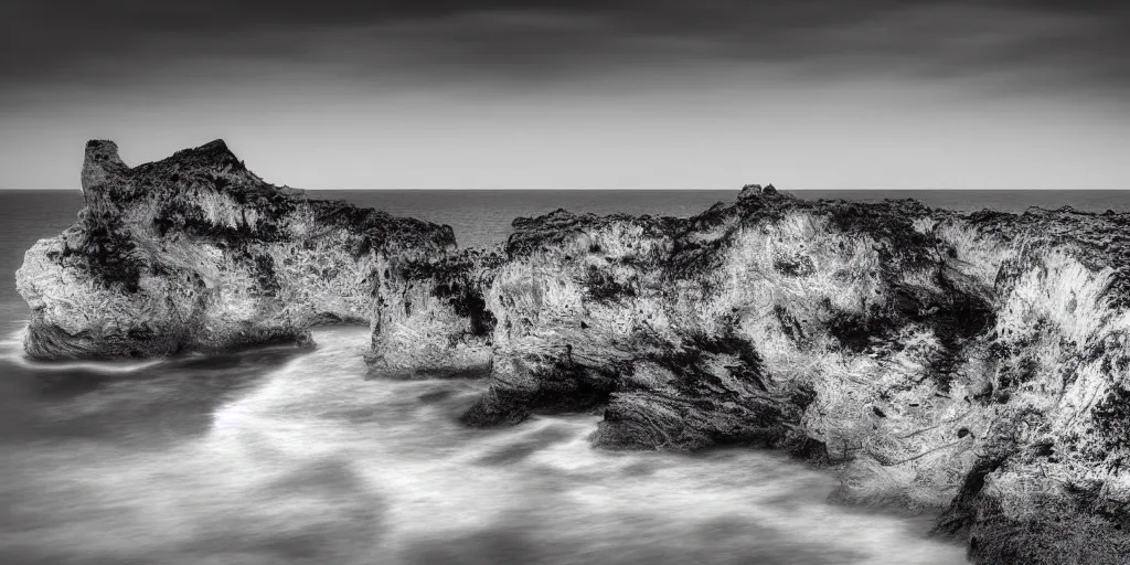 Image similar to black and white crystal cliffs surrounding an island, viewed from the ocean, high quality digital art,