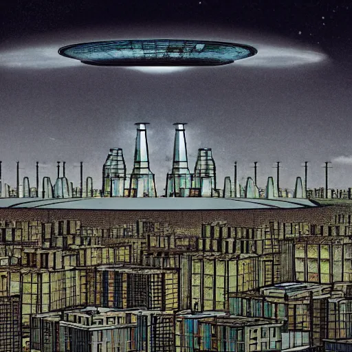 Prompt: a vast sci-fi city centred around a nuclear reactor dome in the style of JS Lowry, high resolution