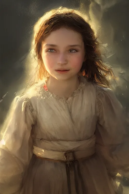 Prompt: medieval little girl, joyful, close-up portrait, intricate, elegant, volumetric lighting, scenery, digital painting, highly detailed, artstation, sharp focus, illustration, concept art, ruan jia, steve mccurry