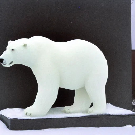 Image similar to pierre trudeau riding a polar bear, metal sculpture