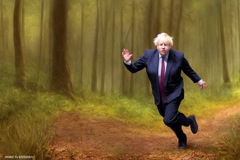 Image similar to boris johnson chasing you in a forest, trailcam footage, created by Mark Keathley