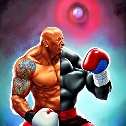 Image similar to dwayne johnson boxing with evil obama, digital painting, artstation, ristan eaton, victo ngai, artgerm, rhads, ross draws, anime styled