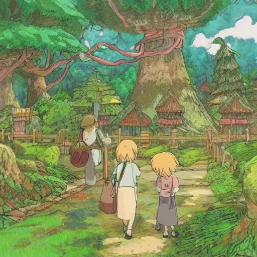 Image similar to a forrest mystical society and village, studio ghibli style