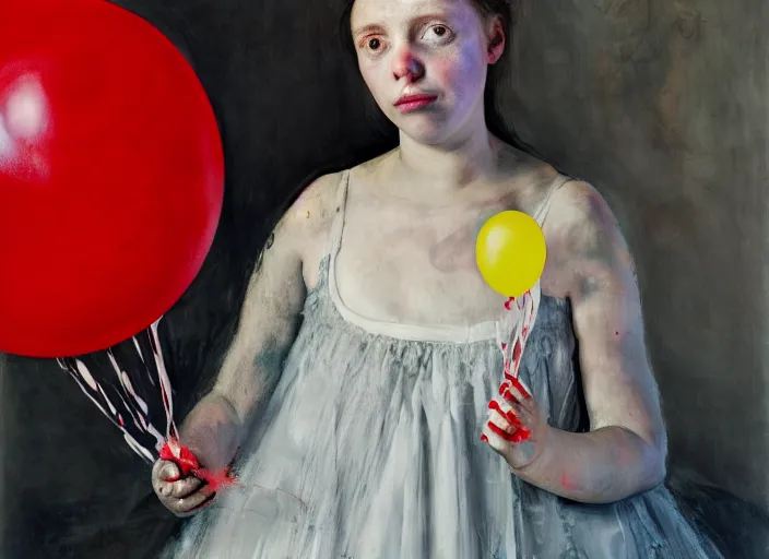 Prompt: portrait of a girl in a dress holding balloons, vincent lefevre and hernan bas and pat steir and hilma af klint, psychological, photorealistic, dripping paint, washy brush, rendered in octane, altermodern, masterpiece