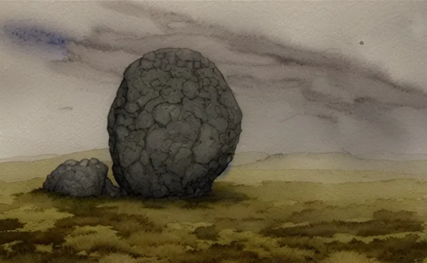 Prompt: a hyperrealist watercolour character concept art portrait of a giant grey stone floating in the air. it is a misty night on the moors of ireland. by rebecca guay, michael kaluta, charles vess and jean moebius giraud