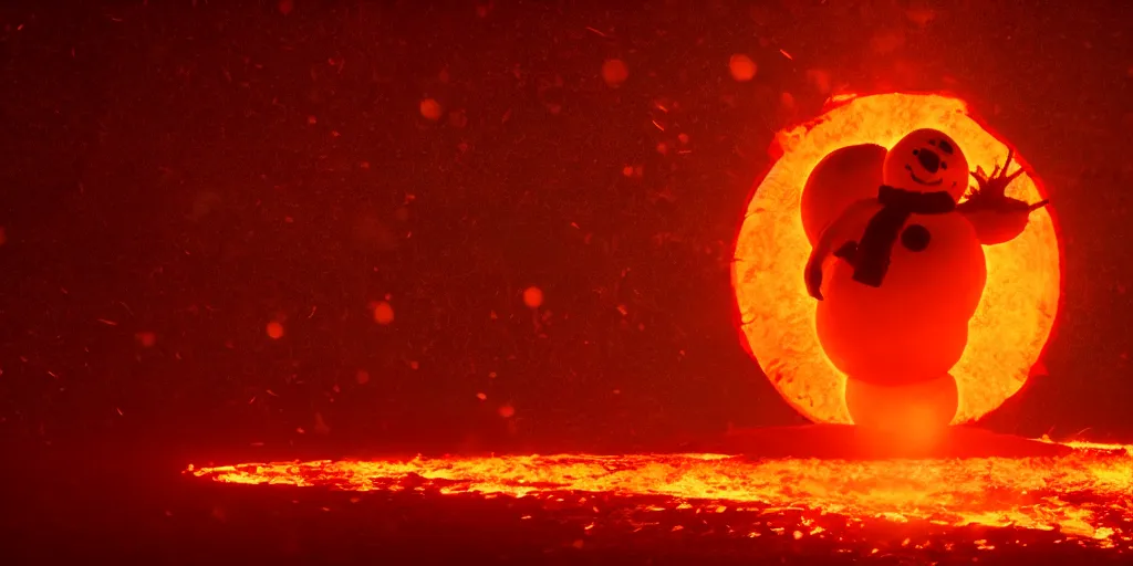 Image similar to a melted glowing snowman melting on top of the sun. the ground is made of fire and lava and is glowing orange. cinematic, dramatic, epic, volumetric lighting, atmospheric, red, orange extremely coherent, 8 k, space, warm, solar flare, blade runner 2 0 4 9