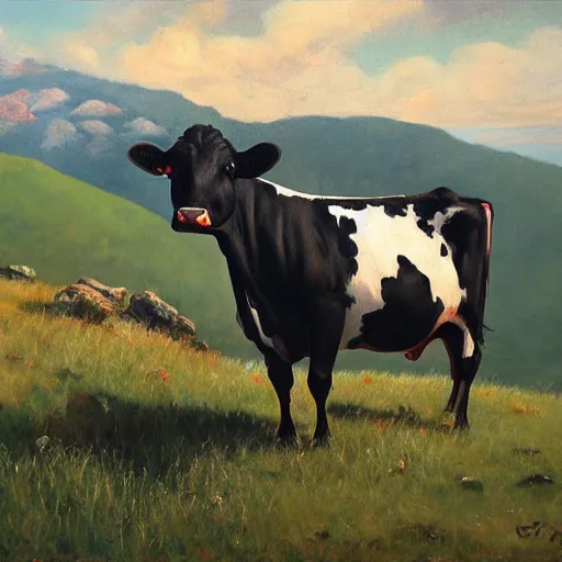 Prompt: cow on mountain oil panting