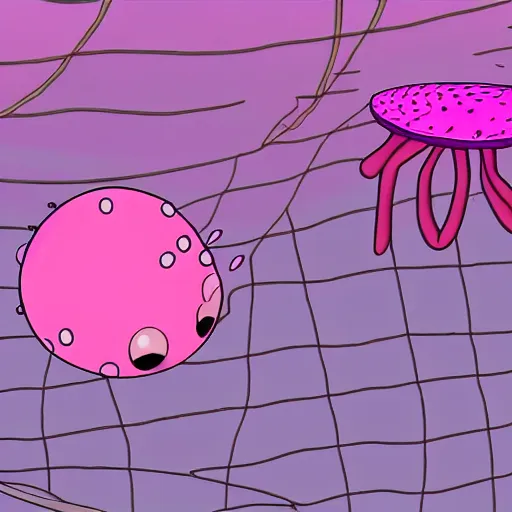 Prompt: pink jellyfish from the cartoon SpongeBob Squarepants hits SpongeBob with a metal sieve