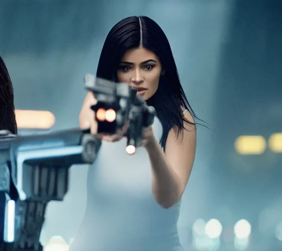 Image similar to a movie still of kylie jenner as joi aiming a gun with ryan gosling in the movie blade runner 2 0 4 9