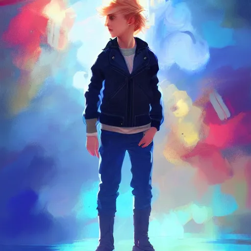 Image similar to colorful and Festive Captivating young boy with wavy blonde hair, navy blue jacket and blue shorts. rich vivid colors, ambient lighting, dynamic lighting, 4k, atmospheric lighting, painted, intricate, highly detailed by Charlie Bowater