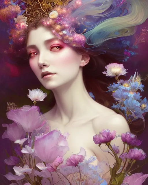 Image similar to Full View ultrarealistic Portrait ethereal fantasy deity wearing beautiful gown, flowers, spirituality, 4k digital masterpiece by Anna Dittman and Alberto Seveso Ruan Jia, rossdraws, artgerm and greg rutkowski and alphonse mucha and loish and WLOP, fantasycore, Hyperdetailed, realistic digital painting, soft lighting, featured on Artstation