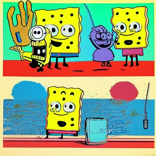 Prompt: spongebob squarepants pop art by andy warhol, detailed, pop art, 1 9 5 0 s