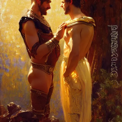 Image similar to attractive fully clothed king confesses his love for his attractive fully clothed male prince. highly detailed painting by gaston bussiere, craig mullins, j. c. leyendecker 8 k