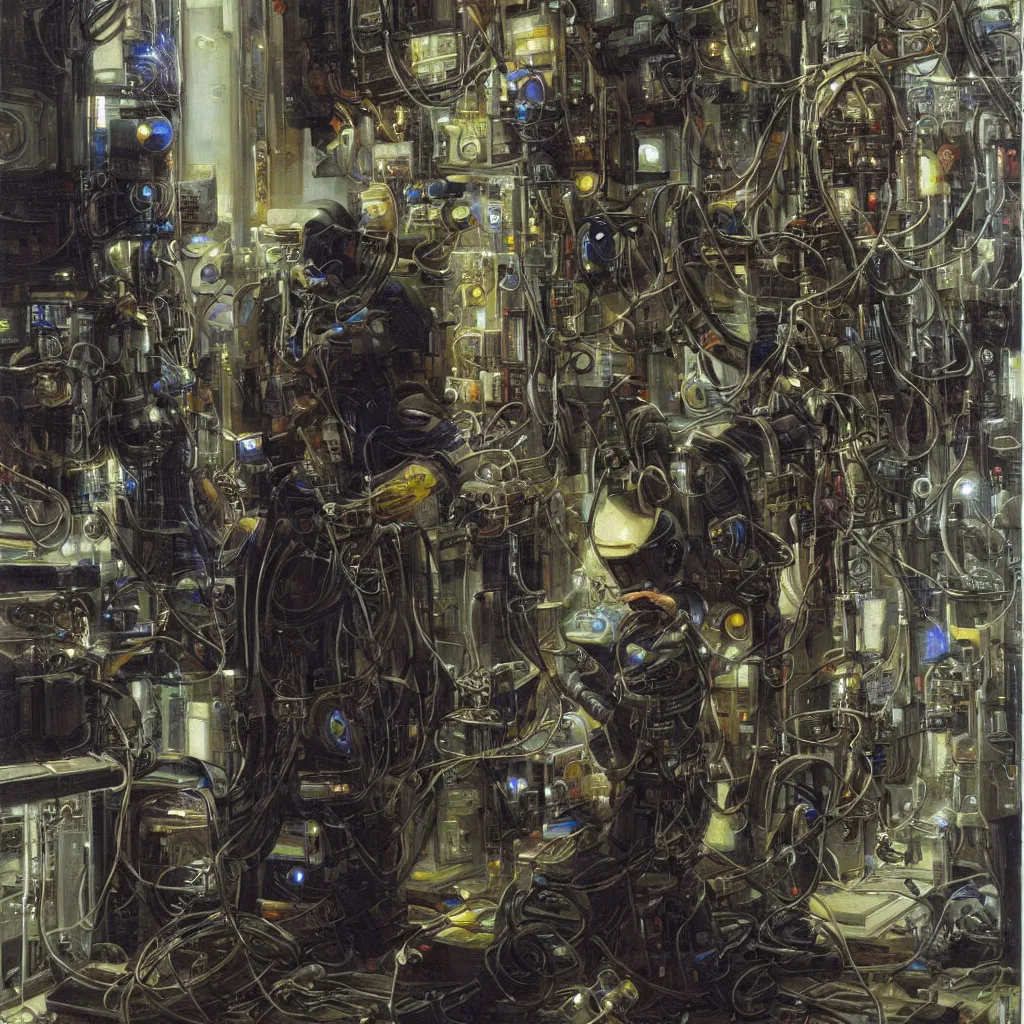 Image similar to painting by donato giancola, portrait of a cyberpunk technician engineer