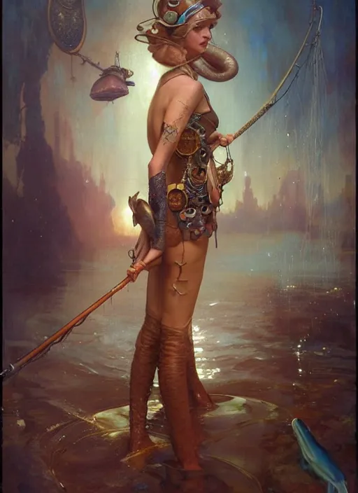 Prompt: hyper realistic fisherman, magical, gems, jewels, gold, steampunk, cyberpunk utopia, painted by tom bagshaw, mucha, gaston bussiere, craig mullins, j. c. leyendecker 8 k