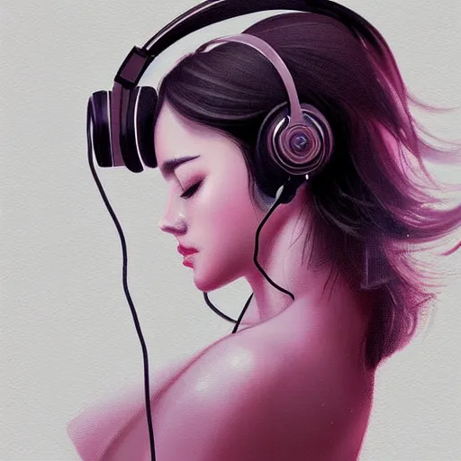 Prompt: an illustration of a beautiful woman listening to music with headphones by Dao Trong Le, highly detailed, digital art, trending on artstation