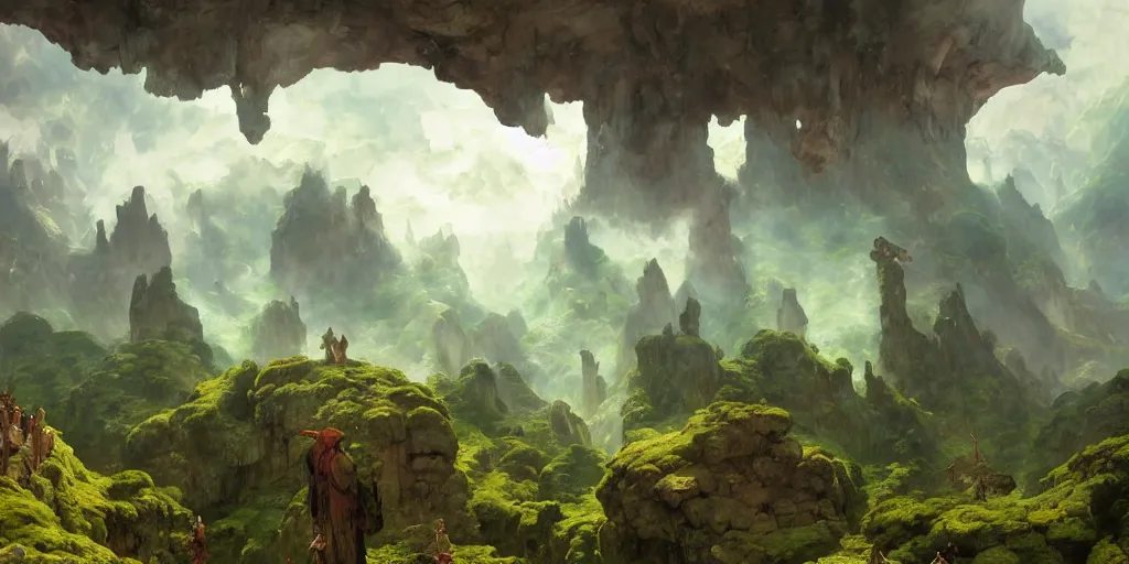 Image similar to huge cave ceiling towns, villages castles buildings bytopia planescape clouds made of green earth inverted upsidedown mountain surreal dreamlike inception artstation illustration sharp focus sunlit vista painted by ruan jia raymond swanland lawrence alma tadema zdzislaw beksinski norman rockwell tom lovell alex malveda greg staples