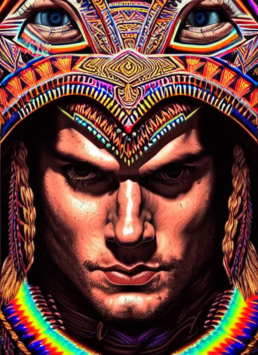 Image similar to portrait of henry cavill, hyper detailed ultra sharp aztec shaman warrior. trending on artstation, warpaint aesthetic, bloodwave, colorful, psychedelic, ornate, intricate, digital painting, concept art, smooth, sharp focus, illustration, art by artgerm and greg rutkowski and h. r. giger, 8 k