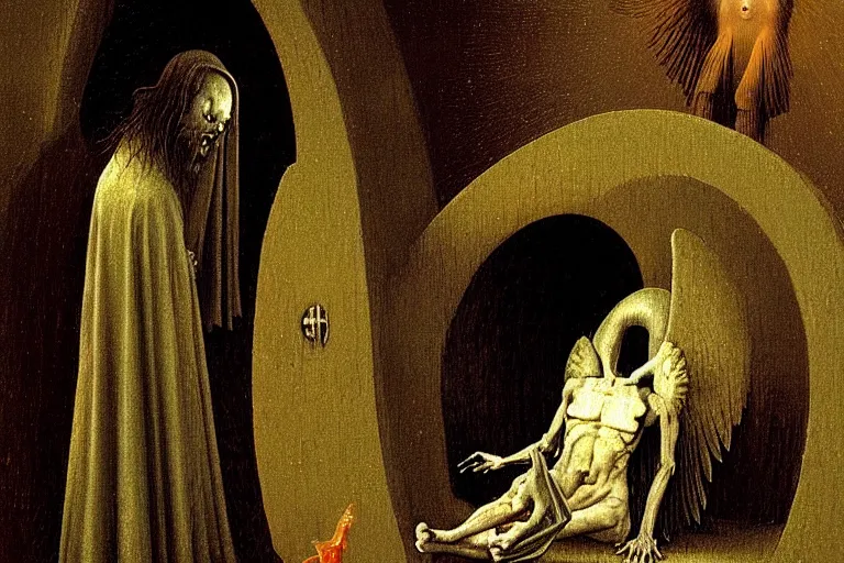 Prompt: fallen angel begs to enter the gates of hell by les edwards and hieronymus bosch