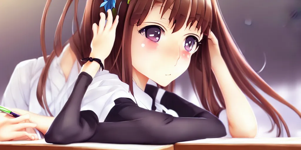 Image similar to beautiful anime high school girl siting on a school desk, full body, brown hair, ponytail, white ribbon, green eyes, full perfect face, slightly smiling, detailed background, panoramic view, one character drawn by Artgerm, Sasoura, Satchely, no distorsion