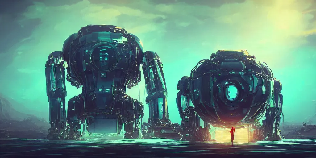 Prompt: huge mechanical creature robot in the middle, radiating a glowing aura, facing the camera, symmetrical, global illumination, ray tracing, underwater background, gloomy, hdr, fanart, artstation, by ian pesty and alena aenami, artworks, 4 k