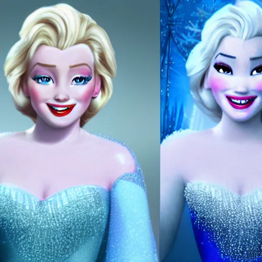 Image similar to marilyn monroe as elsa in live action disney frozen, 8k resolution, full HD, cinematic lighting, award winning, anatomically correct