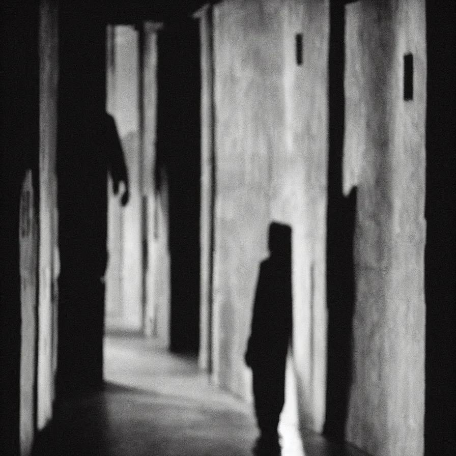 Prompt: An uncanny shadowy figure standing down a long hallway in a liminal space, 35 mm, film shot
