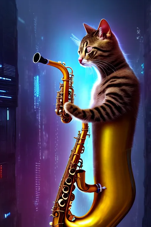 Prompt: high quality 3 d render very cute cyborg cat plays saxophone, cyberpunk highly detailed, unreal engine cinematic smooth, in the style of blade runner & pixar, hannah yata charlie immer, moody light, low angle, uhd 8 k, sharp focus