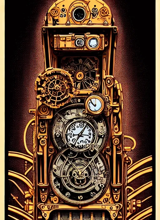 Image similar to ornate steampunk time machine, high details, intricately detailed, by vincent di fate, inking, lineart, 3 color screen print, masterpiece, trending on artstation,, sharp, details, hyper - detailed, hd, 4 k, 8 k