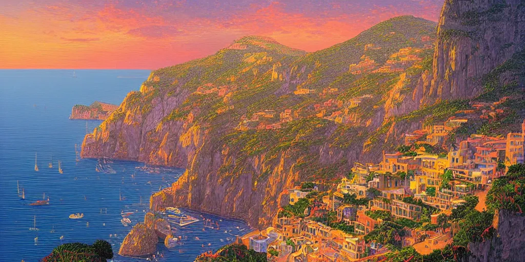 Image similar to epic professional digital art of a lonely street on a cliff over the sea at sunset in capri island, by Casey Weldon, dan mumford 8k ultra high definition, upscaled, perfect composition , golden ratio