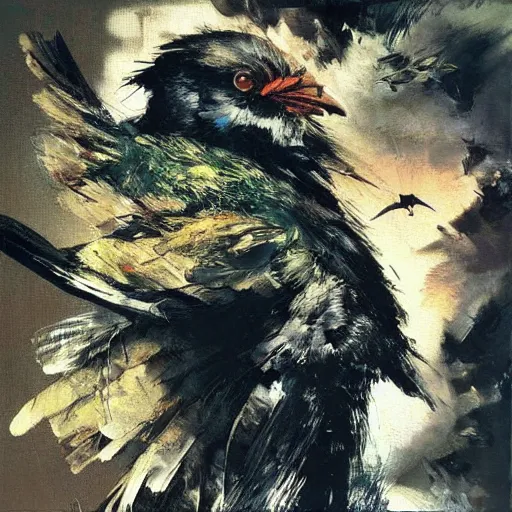 Prompt: the progressive rasterization of a bird, oil on canvas by dave mckean and yoji shinkawa and ivan shishkin