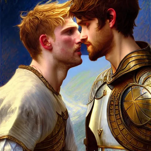 Image similar to attractive arthur pendragon and his favourite attractive male knight, they are in love, camelot, natural lighting, path traced, highly detailed, high quality, digital painting, by gaston bussiere and ross tran and j. c. leyendecker and alphonse mucha