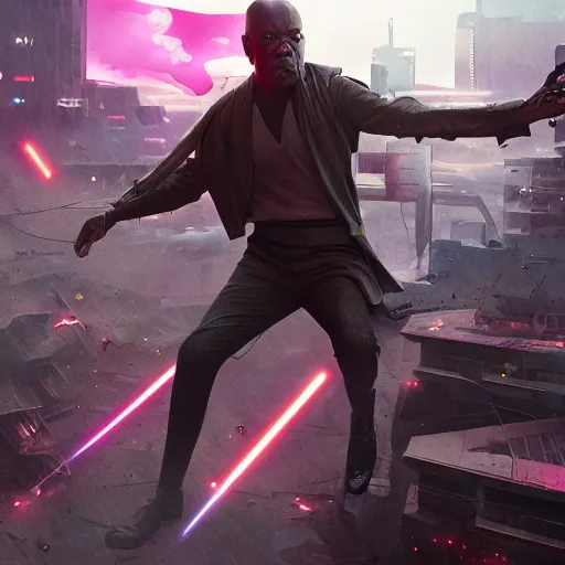 Image similar to mace windu fighting a group of pterodactyls flying over him in a destroyed cyberpunk city shooting lasers by greg rutkowski