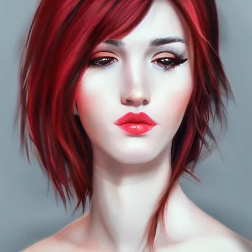 Image similar to a realistic illustration portrait of a beautiful cute girl with wavy black red hair, a pointy nose and, round chin black eyeliner, trending on artstation, hyper - realistic lighting