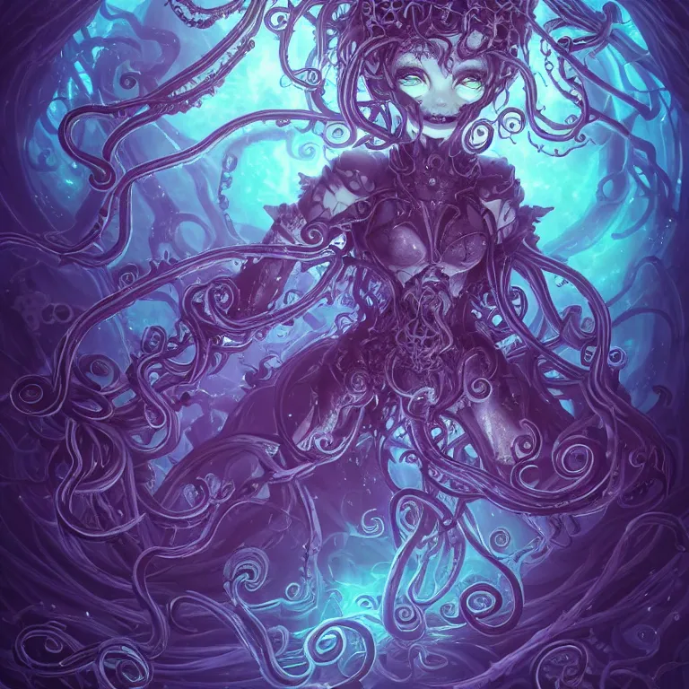 Image similar to A full shot of a dark fairy from the Abyss. Symmetrical. Underwater. Lit from above. Thick Atmosphere. Sailor Moon. Tentacles. Cute. Kawaii. Chibi. Neon glow. Bioluminescence. By Lisa Frank and HR Giger and Ross Tran. Key Art. Fantasy Illustration. award winning, Artstation, intricate details, realistic, Hyperdetailed, 8k resolution. Photoreal. Octane Render.