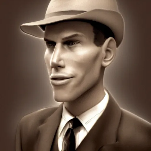 Image similar to A photograph portrait of Jerma985 wearing a suit with and fedora in the 1950s, taken in the early 1950s, grainy, taken on a 1950s Kodak Camera, realistic, hyperrealistic, very realistic, highly detailed, very detailed, extremely detailed, detailed, digital art, trending on artstation