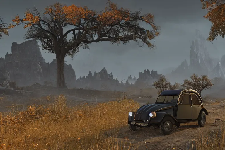 Image similar to offroad citroen 2 cv ( 1 9 6 5 ) of daedric design driving across the rift, daedric axe stored on the side of the car, leather and cloth traveller backpacks on roof, riften city in the background, epic fantasy, autumn, the elder scrolls v : skyrim, dramatic lighting, establishing shot, by simon stalenhag