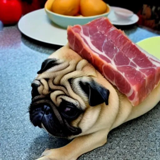 Prompt: fat pug eating a slice of ham