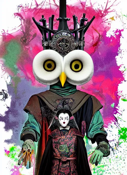 Prompt: arrogant medieval medium shot of white owl with one giant eye dressed in samurai garment, pixiv fanbox, dramatic lighting, maximalist pastel color palette, splatter paint, pixar and disney exploded - view drawing, graphic novel by fiona staples and dustin nguyen, peter elson, alan bean, wangechi mutu, clean cel shaded vector art, trending on artstation