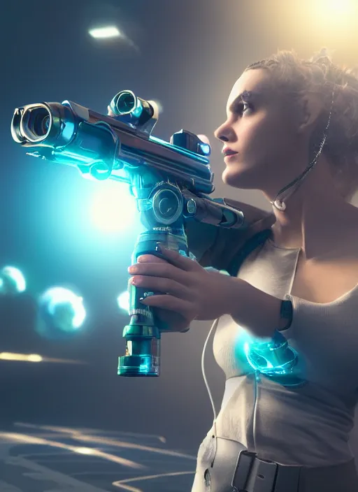 Prompt: a typical Raypunk depiction of a woman holding a raygun blaster, octane render, action shot, motion blur, subsurface scattering, life like, intricate detail, 4K HD