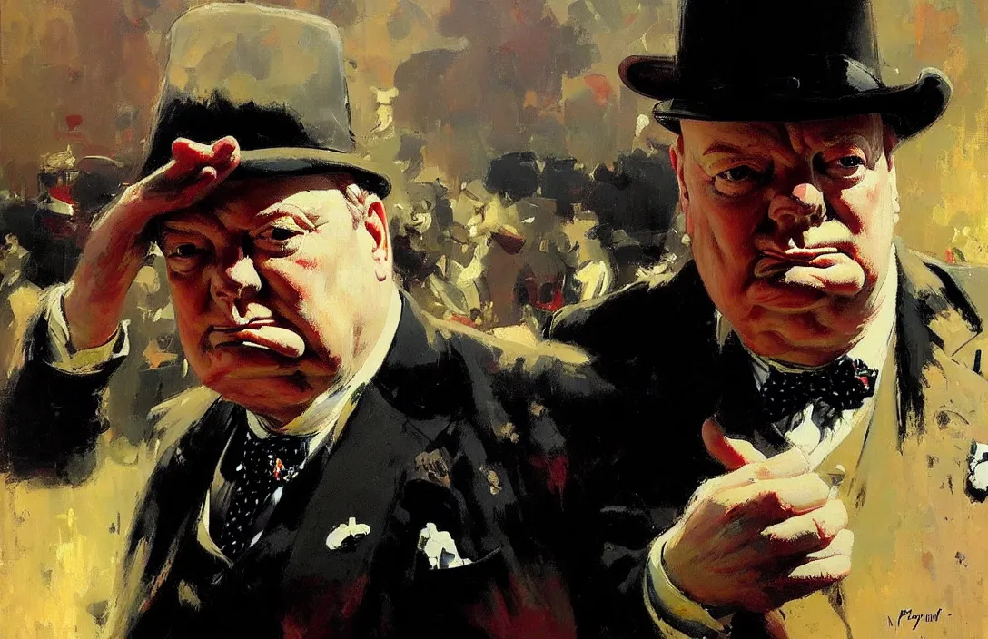 Image similar to portrait of winston churchill!!!!!!!!!!!!!!!!!!!!!!!!!!!, detailed face, detailed painting,, epic lighting, by ilya repin, phil hale and kent williams