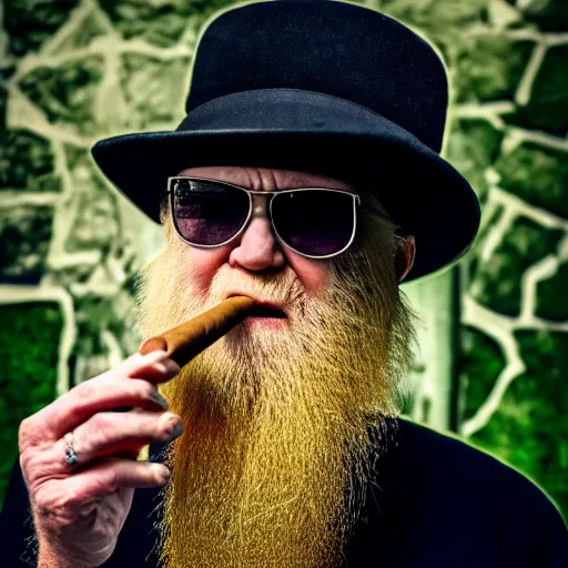 Image similar to billy gibbons smoking a cigar, ( sony a 7 r iv, symmetric balance, polarizing filter, photolab, lightroom, 4 k, dolby vision, photography awardm, voque, perfect face )