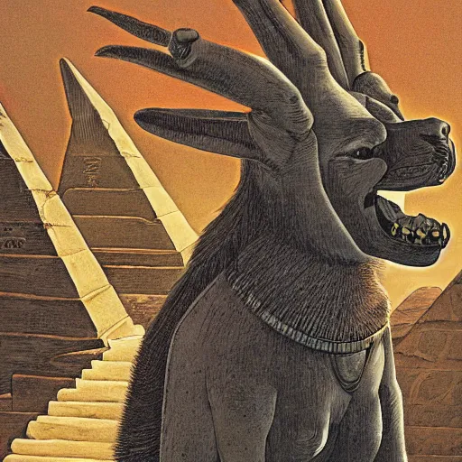 Prompt: Anubis at the top of a pyramid, fisheye lens, gerald brom